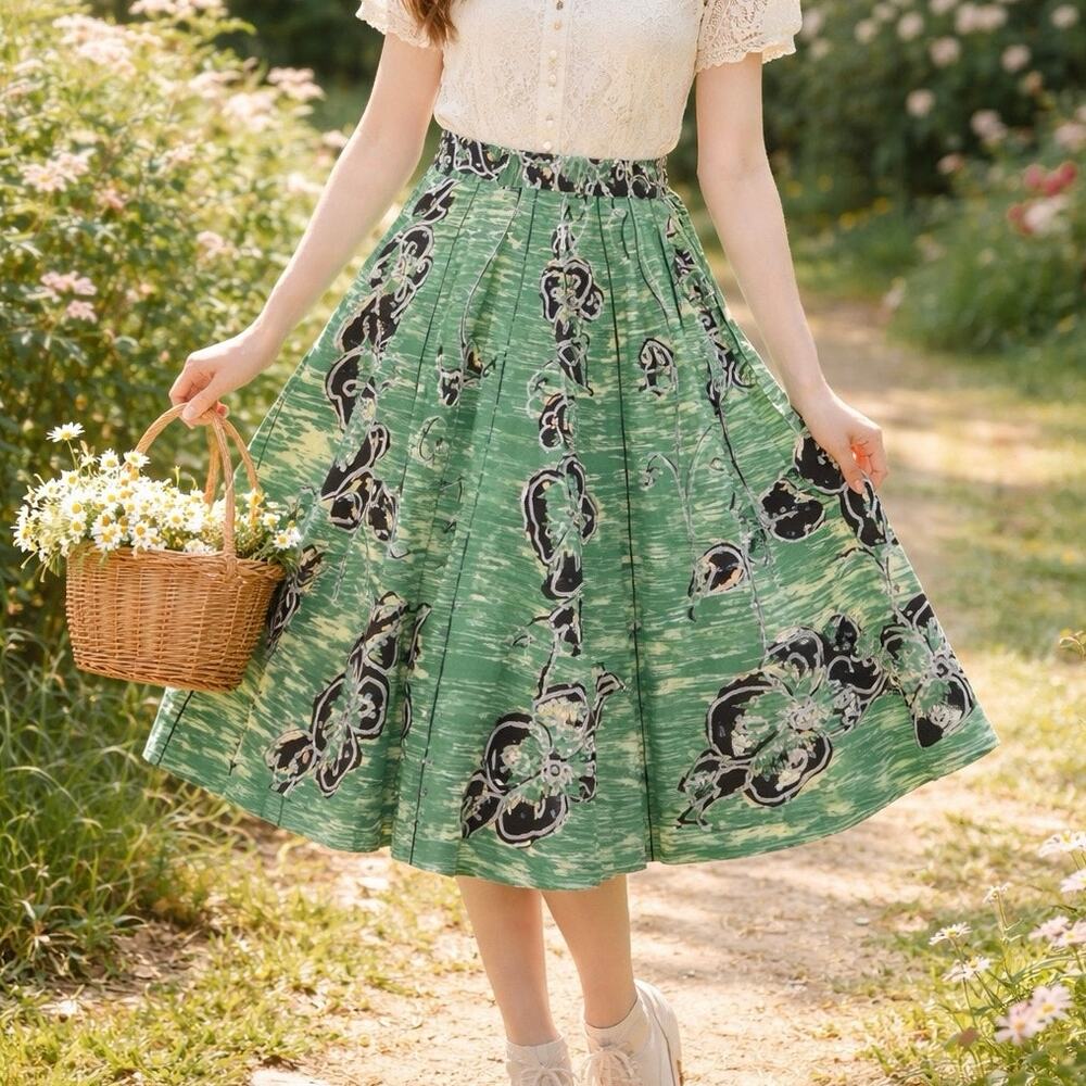 Y2K Anthropologie Odille Green Cotton Sequin A-Line Midi Skirt Size 2 Twee